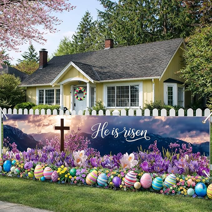 He Is Risen Easter Banner Christian Resurrection Spring Decor 78 x 17 Inch Religious Cross Flower Scene Banner for Church Yard Fence Door Wall Indoor Outdoor Easter Display