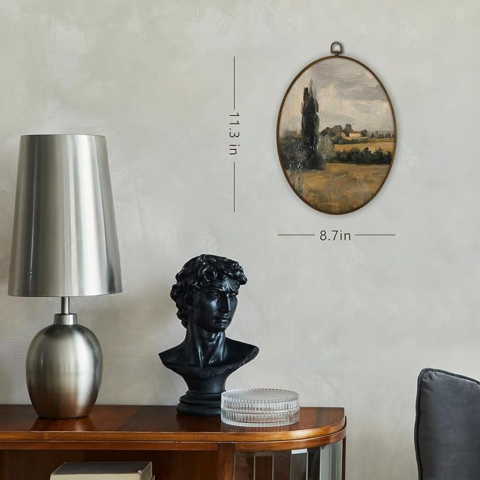 Gnmduw Vintage Country Landscape Oval Wall Art Framed, Antique French Countryside Landscape Canvas Prints Hanging Decor, Farmhouse Cottagecore Scene Wall Decor for Bedroom Living Room, 8.7x11.3 In