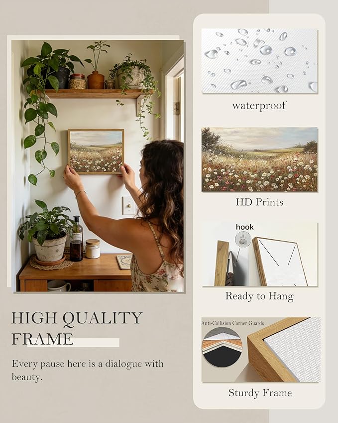 SHENIFY Vintage Framed Wall Art Meadow with Flowers Landscape Scenery Home Decor Retro Wildflower Field Decorations for Farmhouse Bedroom Ready to Hang Wall Artwork - 8x10in Natural Framed