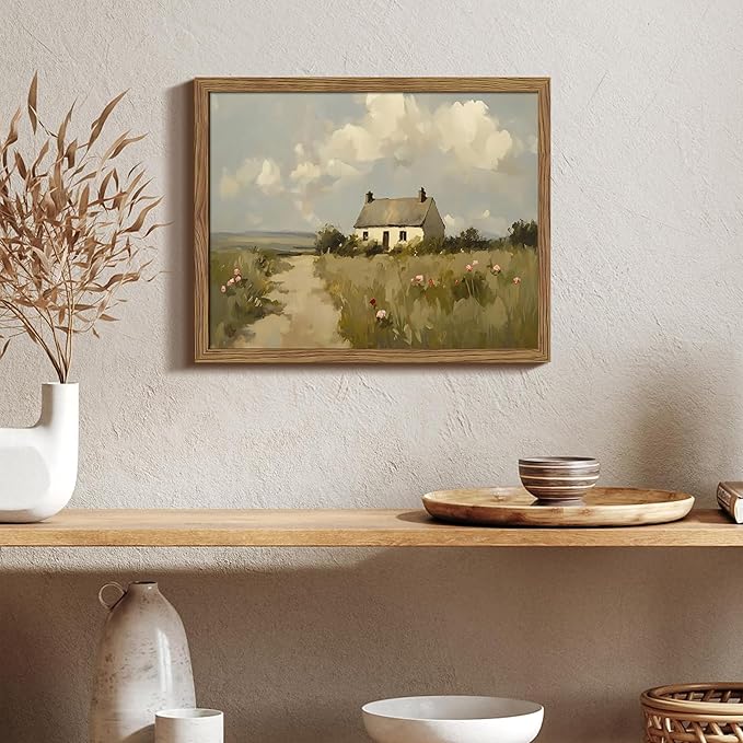 Vintage Wall Art, Framed English Countryside Cottage Painting Print, Country Farmhouse Canvas Wall Art, Rustic Landscape Pictures Artwork Wall Decor for Bedroom Living Room – 8x10 inch