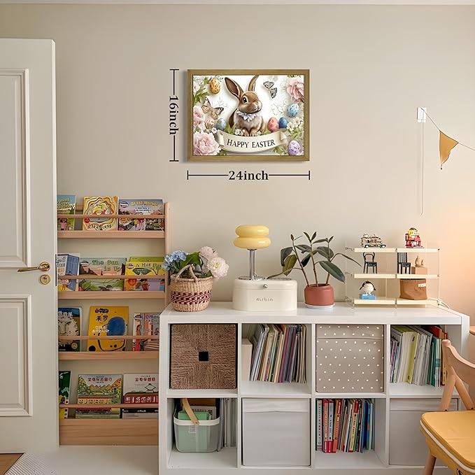 Framed Easter Bunny Wall Art, Vintage Holiday Decor Oil Painting, Rustic Farmhouse Spring Animal Wall Decor, Cute Rabbit Easter Eggs Canvas Print Paintings for Living Room Bedroom Nursery 16x24 Inch