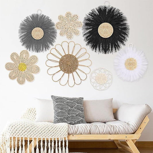 Chunful 7 Pcs Boho Wall Basket Decor Rattan Flower Wall Decor Nursery Daisy Flower Woven Macrame Hanging Flowers for Baby Kids Girls Farmhouse Bedrooms Living Rooms Kitchen Home(Light Grey)