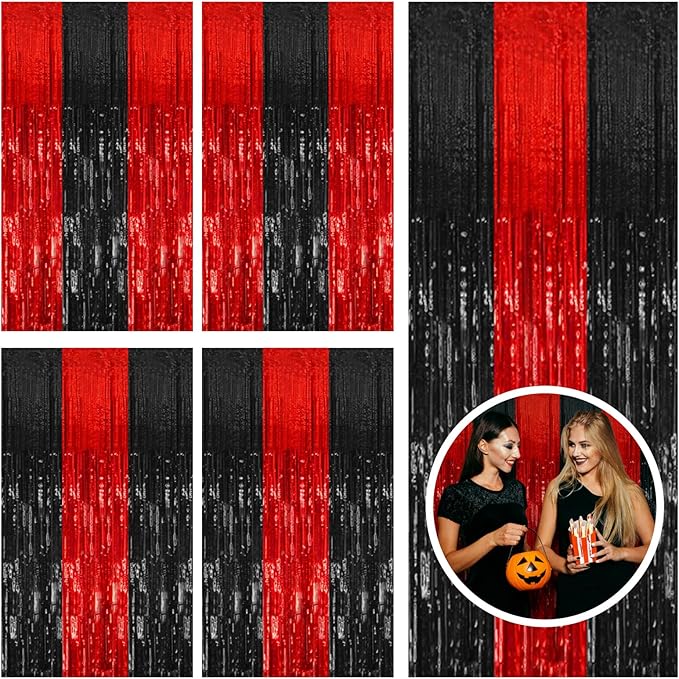 5 Pack Black and Red Backdrop Party Decorations Tinsel Curtain Halloween Party Streamer Foil Fringe Birthday Decorations Photo Booth Fancy Ball Christmas New Year Graduation Party Decor Decor