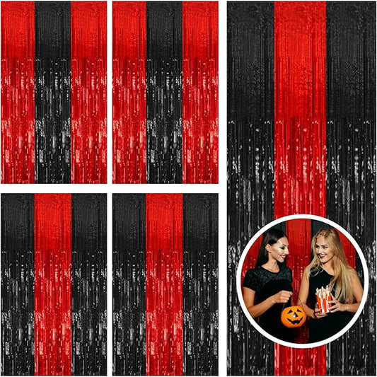 5 Pack Black and Red Backdrop Party Decorations Tinsel Curtain Halloween Party Streamer Foil Fringe Birthday Decorations Photo Booth Fancy Ball Christmas New Year Graduation Party Decor Decor
