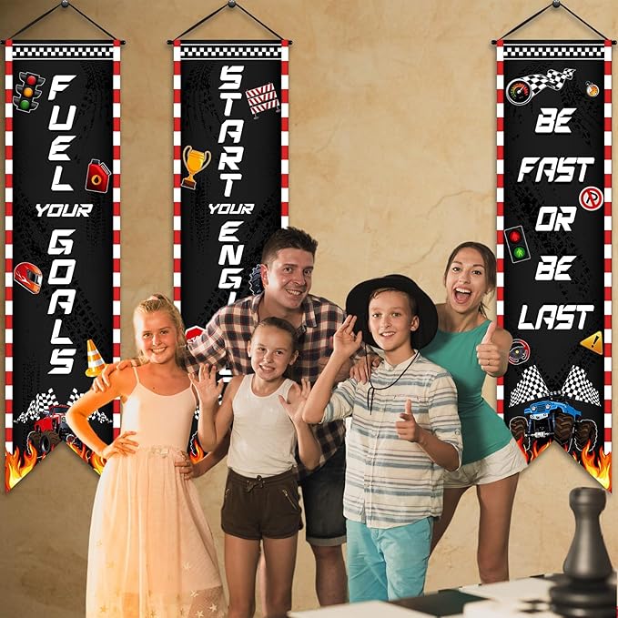 3 Pcs Race Car Party Banners Racing Fans Birthday Decor Monster Truck Hanging Porch Sign Truck Fuel Can Checkered Flag for Car Theme Birthday Party Supplies Inspirational Classroom Decoration