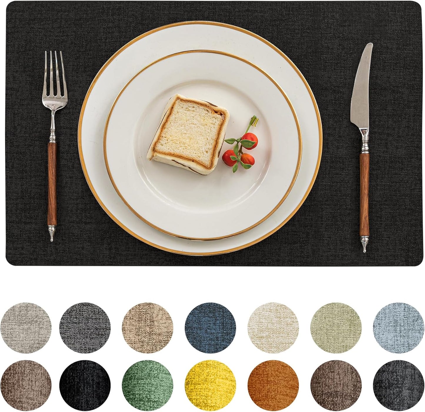 Romanstile Vinyl Placemats Set of 4-12 X 18 Inch - Heat Resistant Place Mats 100% Waterproof Oilproof Wipeable Reversible Faux Leather Table Mats for Kitchen/Dining/Party/Holiday, Black