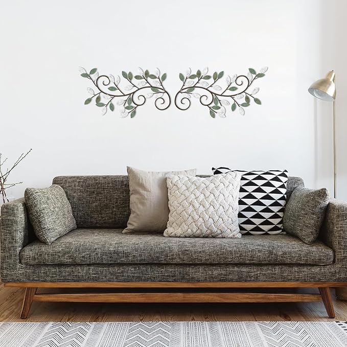 ESTART 2 Pieces Metal Tree Leaf Wall Decor Vine Olive Branch Leaf Wall Art Ornament Wall Hanging Sign for above Door, Living Room, Bathroom, Office, Indoor and Outdoor Decoration (White Green Colors)