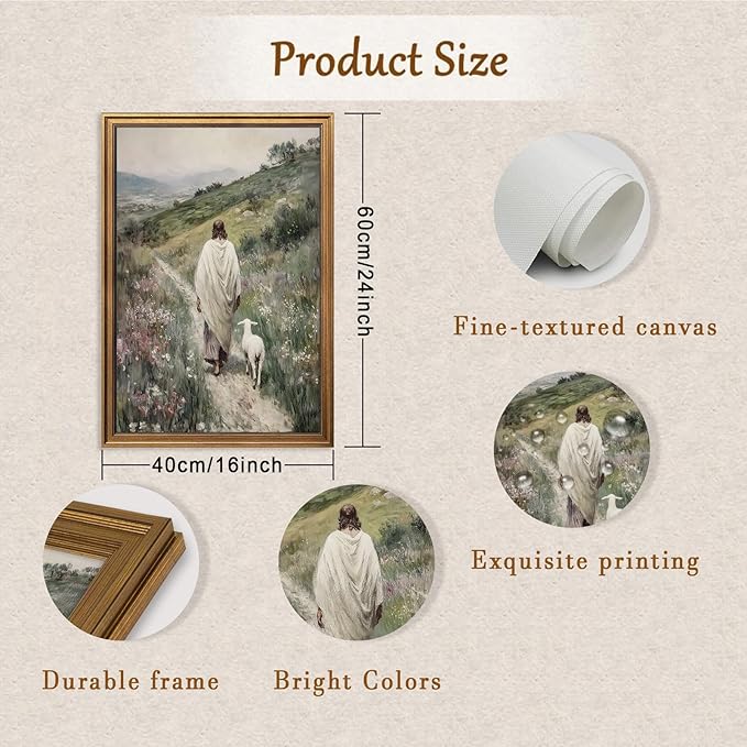 Gold Framed Good Shepherd Jesus Wall Art, Religious Christian with Lamb Home Decor Jesus Leaves The 99 Sheep Artwork for Living Room Bedroom Church Wall Decoration 16W''x 24L''