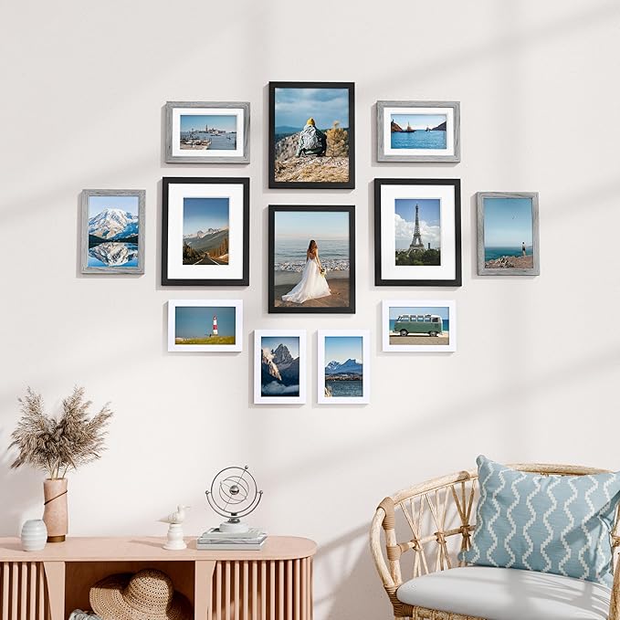 Vittanly 12 Pack Picture Frames Collage Wall Decor for Mounting or Tabletop Display, Gallery Wall Frame Set for Family, Multi Sizes Including 4pcs 8x10, 4pcs 5x7, 4pcs 4x6, Black, Grey and White