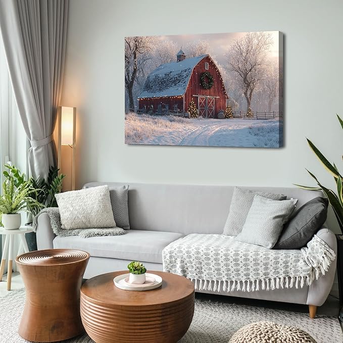 Christmas Barn Wall Art Vintage Farmhouse Canvas Wall Decor Christmas Tree Poster Prints Rustic Winter Snowy Scenic Pictures Country Painting Artwork for Living Room Bedroom Home Decorations 32x48"