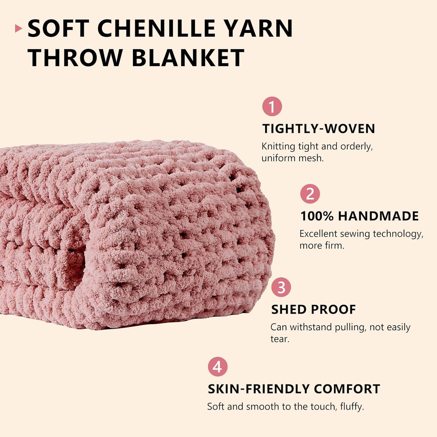 L'AGRATY Chunky Knit Blanket Throw - Soft Chunky Throw Blanket 50x60: 100% Hand Kintted Chenile Crochet Throw Blanket for Couch - Large Cable Knit Chunky Blanket for Home Decor(Rose Pink)