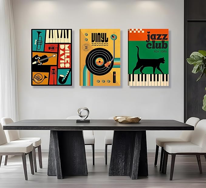 Framed 3pcs Retro Jazz Music Wall Art Vintage Vinyl Records Paintings Musical Instruments Black Cat on Piano Canvas Prints Poster for Living Room Bedroom Music Room Decoration