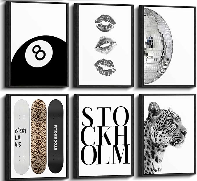 Framed Fashion Trendy Leopard Wall Art Set of 6 Stockholm Preppy Room Painting Picture Wall Decor Black White Aesthetic Cheetah Poster Print Artwork for Girls Bedroom Dorm Apartment Home Decoration
