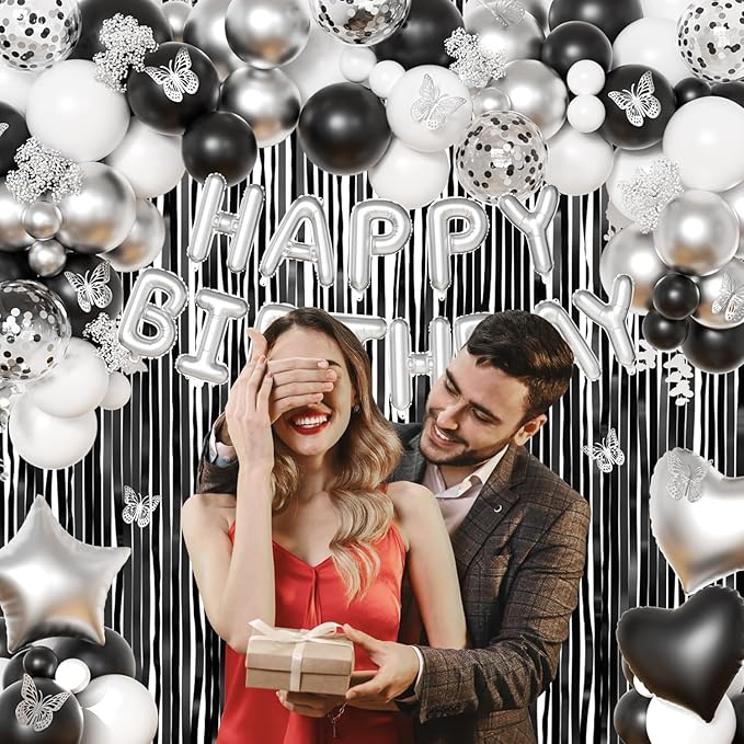 Black and Silver Birthday Decorations for Men Women, Black White Silver Confetti Balloons Happy birthday Banner Butterfly Fringe Curtains for 21st 25th 27th 30th Birthday Decorations