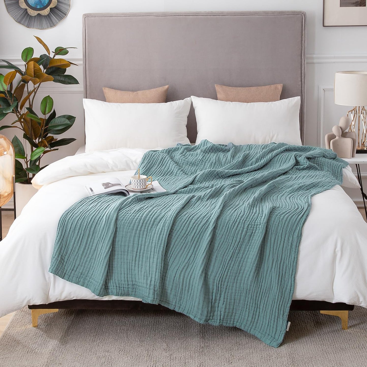 EMME Cotton Blanket Queen Size for Bed Soft Large Muslin Bed Blankets 90"x90" Lightweight Breathable Layering Bedspread All Season Gauze, Teal