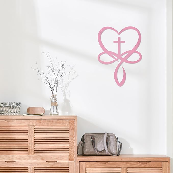 Metal Infinity Heart Cross Wall Decor, Unique Cross Decorative Wall Art, Heart And Love Sign Wall Plaques, Love Gift For Adult Home Wedding Decor Room Bedroom Living Room Decoration（Pink)