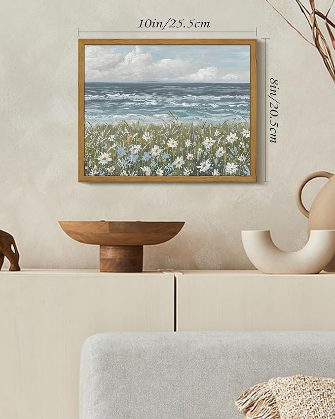 SHENIFY Vintage Landscape Framed Wall Art Sea Coastal Wildflower Field Scenery Farmhouse Decor Retro Painting for Living Room Bedroom Ready to Hang Wall Artwork - 8x10in Natural Framed