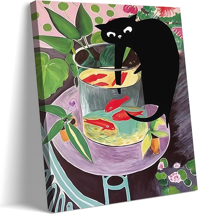 Funny Black Cat Canvas Wall Art, Abstract Kitten Catching Fish Wall Decor, Animal lovers Posters Print Painting for Room Aesthetic Living Room Bathroom Decor 12x16 in Framed