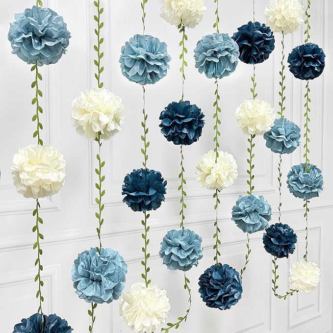Dusty Blue Party Decorations Dusty Navy Blue Beige Tissue Paper Flowers Pom Pom with Leaf Ribbon Hanging Garland Streamer for Birthday Baby Shower Wedding Graduation Retirement Nautical Party Supplies