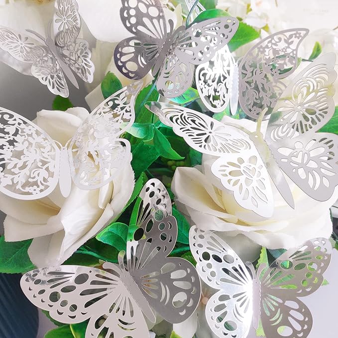 72 Pcs 3D Butterfly Wall Decor - 3 Styles, 3 Sizes, Silver, Wedding & Birthday Party Decorations
