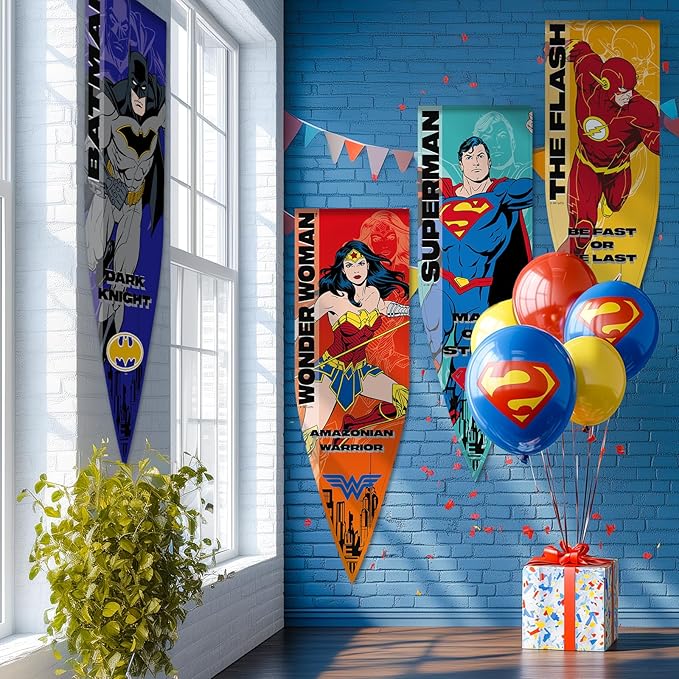 Superhero Banner Flag 4PC, 18"x59" Super Hero Backdrop Birthday Decorations, Superhero Pennant Flags for Party Room Wall Decor