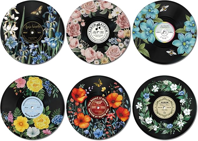 Chunful 6 Pake 12 Inch Vintage Records Wall Decor Aesthetic Retro Record Wall Decor for Dorm Bedroom Living Room Art Display Rock and Roll Music Hippie Party Records Decorations (Floral)