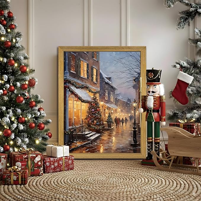 Vintage Christmas Wall Art, Christmas Tree Farm Scene with Red Barn, Rustic Winter Snow Street Canvas Print, Framed Holiday Oil Painting for Living Room Bedroom 12x16 Inch
