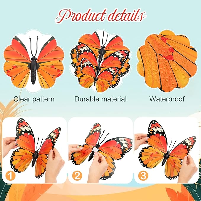 Chuangdi 12 Pcs Orange Large Monarch Butterfly Decorations 3 Size 12inch,9inch,6inch Fake Butterflies Realistic Butterfly Craft Artificial Mariposas Wall Decor for Craft Wedding Home Birthday Party