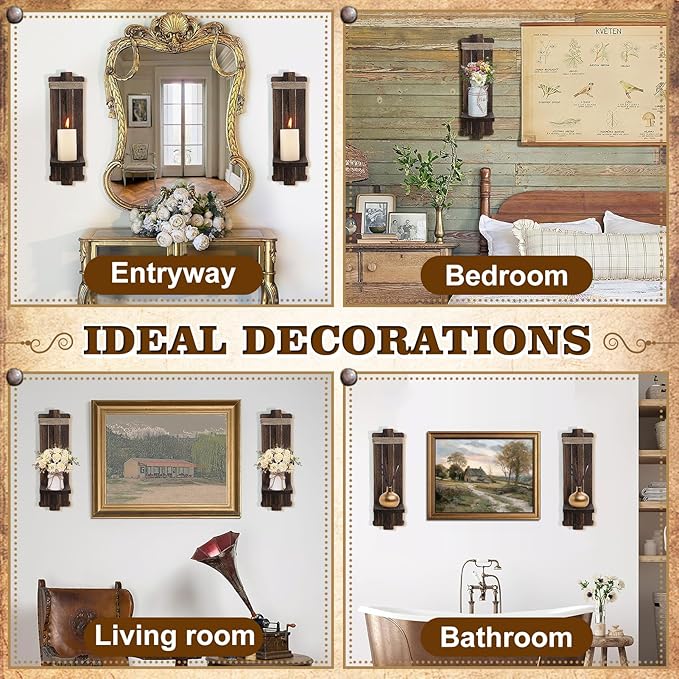 Farmhouse Wall Decor Candle Sconces - 2 Pcs Vintage Rustic Handmade Wooden Wall-Mount Candle Holders for Bedroom Living Room Bathroom Home Hanging Art Decorations Accessories Gifts, Brown