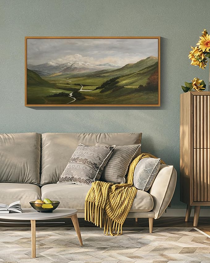 SHENIFY 20x40in Extra Large Vintage Framed Wall Art Mountain Range Valley River Landscape Painting Retro Meadow Scenery Farmhouse Bedroom Above of Bed Living Room Decor - Natural Framed