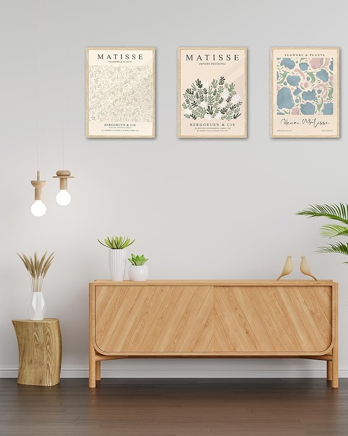 KensTro 12x16 Set of 3 Natural Oak Wood Picture Frame with 3 Matisse Prints,12x16 Minimalist Natural Solid Wooden Picture Frames for 12"x16" Posters,Wall Art,Photos,Prints,Paintings