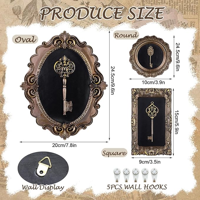 Kathfly 3 Pack Vintage Antique Key Wall Sculpture Gothic Framed Wall Art Hallway Gallery Victorian Decor Bronze Oval Rectangle Round Picture Frame Statue Skeleton Key Home Ornament Gift