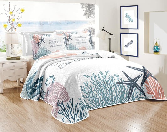 Coastal Bedding Queen Size with 2 Shams, Nautical Beach Comforter Sets Ocean Bedspreads Coastal Coverlet Summer Bedding, 90''x96''