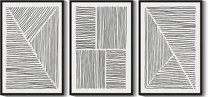 Drsoum Mid-Century Modern Framed Wall Art Large 24x36in Minimalist Abstract Boho Black Line Wall Decor Geometric Artwork Kitchen Dining Room Black Framed