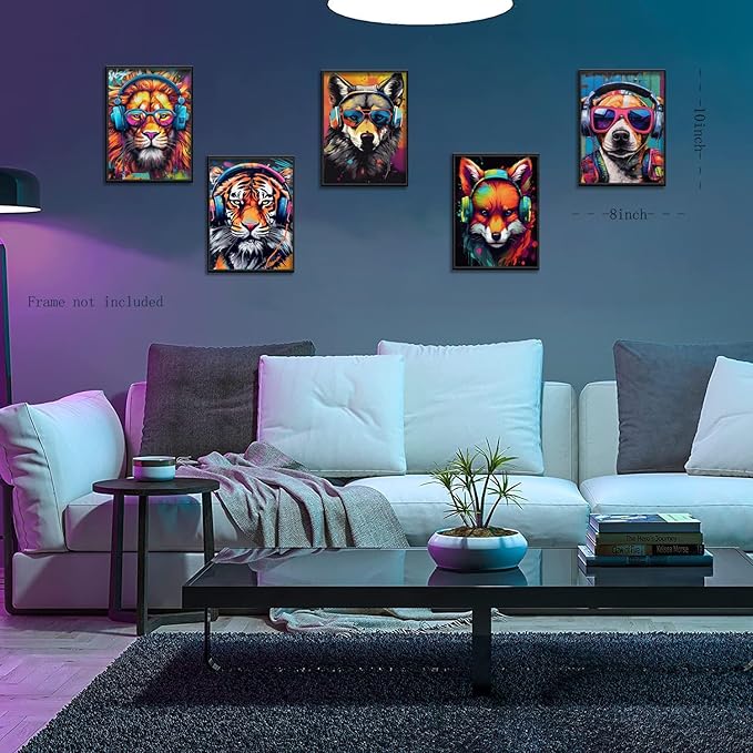 Ucninvd Graffiti Gaming Posters Wall Art Set of 9, Boys Gamer Controller Wall Decor Paintings, DJ Animals Earphone Picture Prints Boys Room Kids teeny for Room Bedroom Decoration 8x10In Unframed