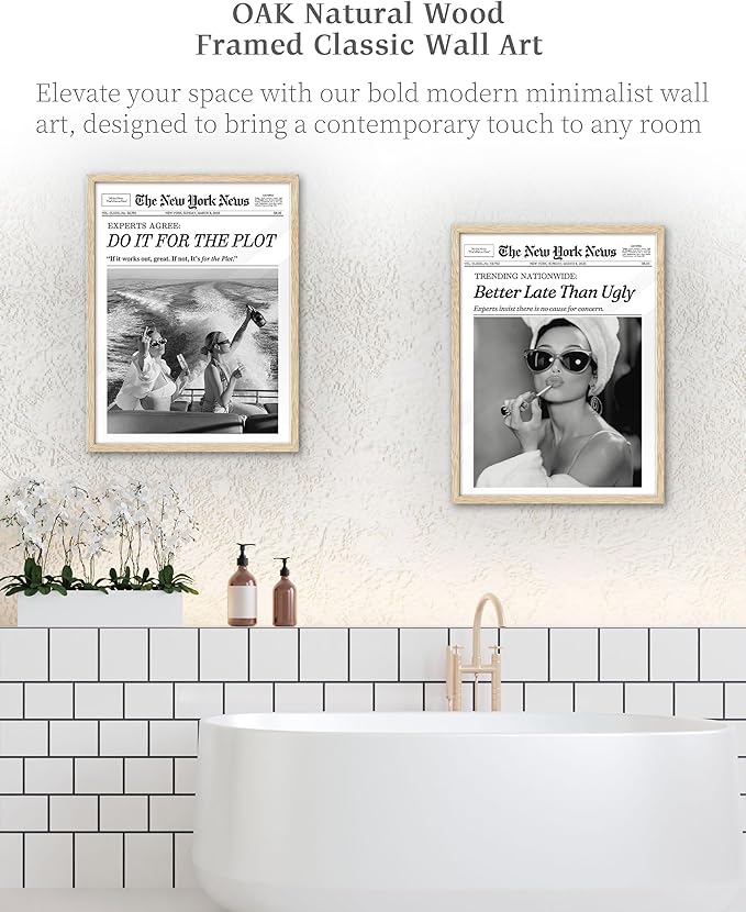 iHery Small Natural OAK Wood Hepburn Newspaper Trendy Bathroom Wall Decor, 8X10in Vintage Framed Wall Art Canvas Art, Funny Artwork, Better Late Than Ugly, Set of 1 Apartment Girly Dorm Room