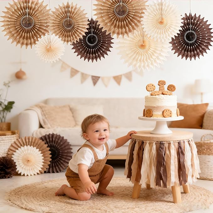 PAPER JAZZ 11 Pcs Brown Party Decorations Neutral Party Decorations Boho Themed Decoration for Western Party Honeycomb Paper Fans Rustic Baby Shower Birthday Wedding Graduation Party Supplies