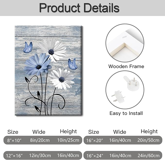MYUSRE Blue and White Flower Wall Art for Bathroom, Farmhouse Daisy with Butterfly on Retro Wooden Canvas Wall Art Country Wildflower Pictures for Bedroom Home Wall Decor, 20L X 16W inches