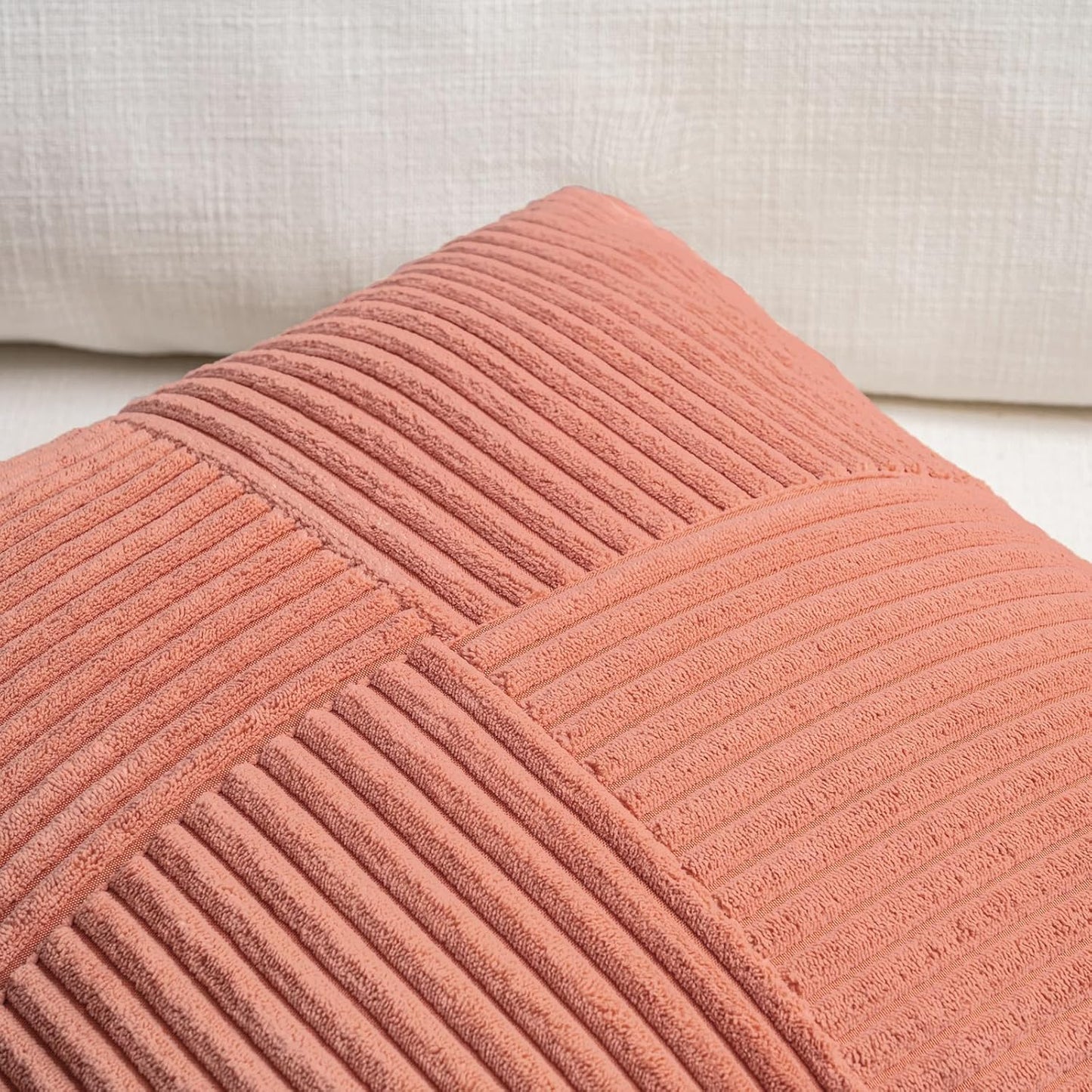 Fancy Homi 2 Packs Coral Euro Decorative Throw Pillow Covers 26x26 Inch for Living Room Couch Bed, Farmhouse Boho Home Decor, Soft Corss Corduroy Patchwork Textured Square Peach Cushion Case 66x66 cm