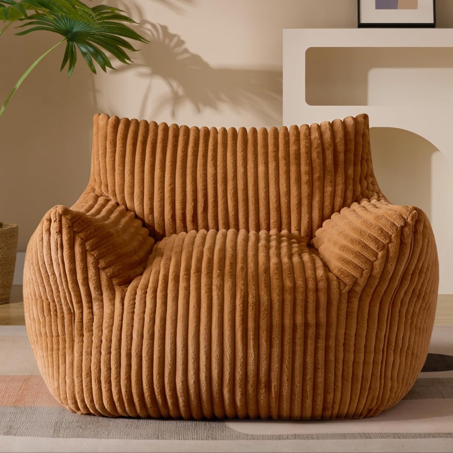 Giant Plush Bean Bag Chair for Adults with Armrests - Oversized Comfy Orange Beanbag Lounge Lazy Floor Sofa Accent Chair for Living Room, Bedroom & Dorm, Cozy Fluffy Single Cloud Mini Couch