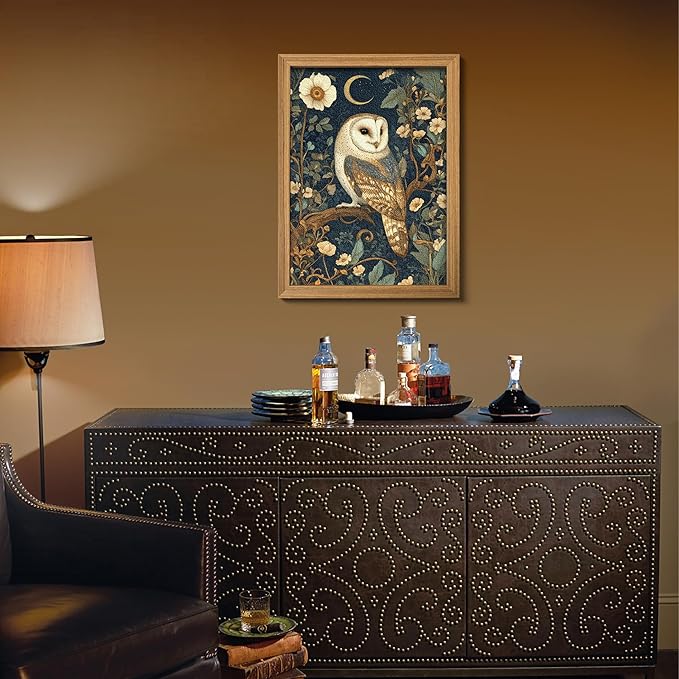 Framed William Morris Wall Art, 3D Textured Cottagecore Vintage Barn Owl Wall Decor, Hand Drawn Sandstone Botanical Art, Dark Academia Flowers Artwork for Bedroom, Farmhouse Home Decor 12x16 inch