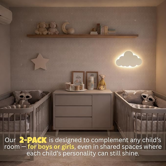 Cloud & Star Wall Lights 2 Pack Dimmable & Rechargeable Nursery Lights for Kids & Baby Room Decor White Made for Bedtime Routines (Star Decals Included)