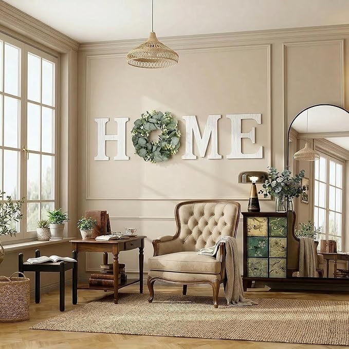 Wood Home Sign with Artificial Eucalyptus Wreath for O, Hanging Farmhouse Wall House Decor Wood Letters for Wall Art Rustic Home Decor, Wall Decor for Living Room Kitchen Entryway (White)
