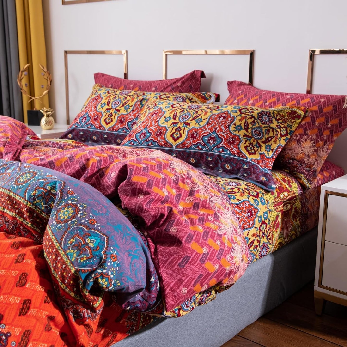 ABREEZE Bohemian Duvet Cover Set Colorful Orange Boho Retro Bedding Set Damask Paisley Cotton Duvet Cover Tribal Reversible Bedding Exotic Style Comforter Cover 3-Piece Queen