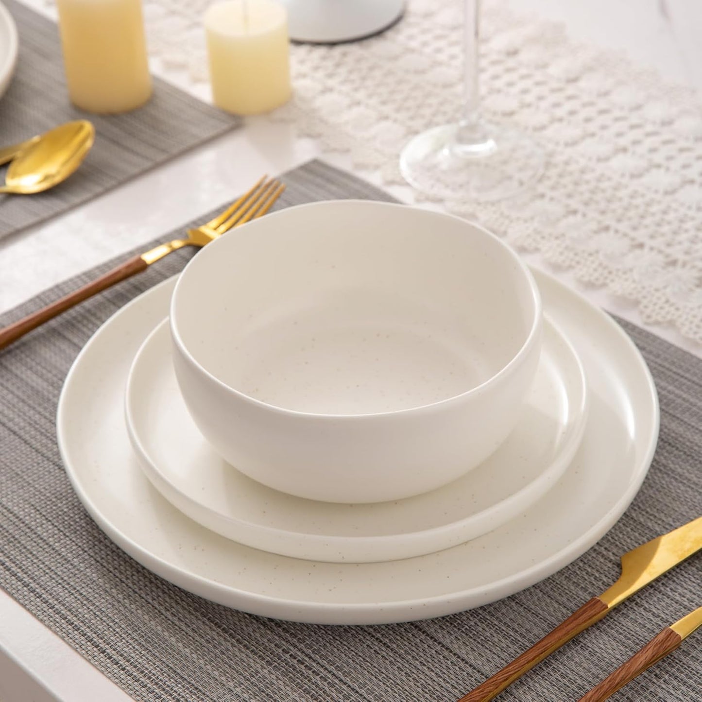 AmorArc Ceramic Dinnerware Sets, Wavy Rim Stoneware Plates and Bowls Sets, Highly Chip and Crack Resistant | Dishwasher & Microwave & Oven Safe Dishes set, Service for 4 (12pc)-Matte Speckled White