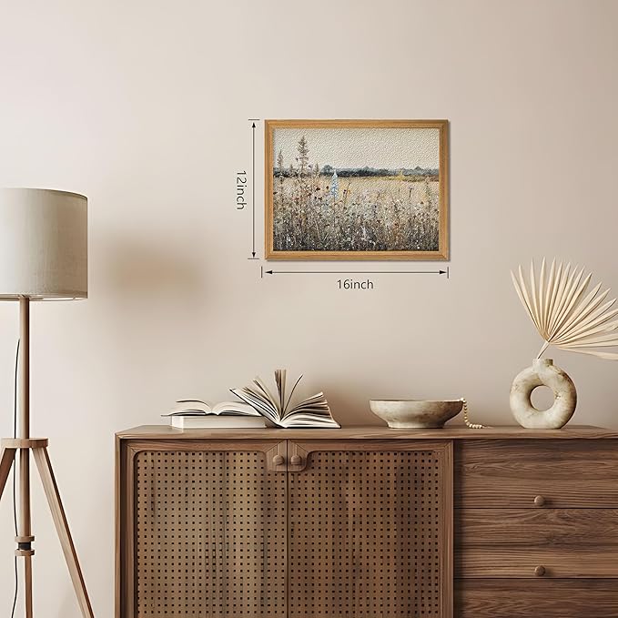 Vintage Landscape Wall Art, 3D Textured Nature Rustic Farmhouse Wall Decor Painting, Hand Drawn Sandstone Country Wildflowers Artwork Picture for Living Room Bedroom 12x16 Inch Framed