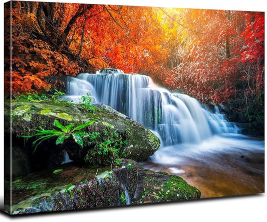 Waterfall Wall Art Autumn Red Forest Wall Decor for Living Room Nature Trees River Landscape Canvas Prints Fall Stream River Pictures National Park Posters for Bedroom Bathroom Home Decoration 24x36"
