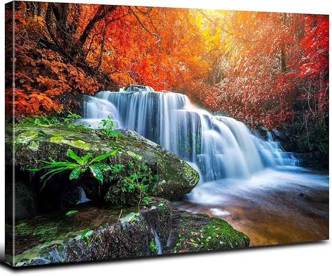 Nature Waterfall Wall Art Mountain Pictures Wall Decor Red Forest Trees Pictures Autumn Stream River Canvas Prints National Park Posters Natural Artwork for Bathroom Living Room Home Decoration 16x24"