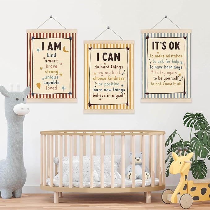 Koesus Inspirational Classroom Striped Wall Art Poster Hanger Frame 12x16 Inch Set of 3, Positive Affirmations for Kids, Motivational Canvas Pictures Prints Framed Wall Decor for Classroom Kids Room Playroom