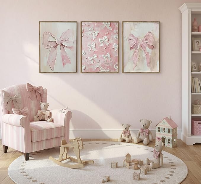 Framed 3D Textured 3Pcs Trendy Pink Bow Canvas Wall Art Vintage Cute Preppy Watercolor Bow Painting Pictures Wall Decor Posters Prints Girly Aesthetic for College Apartment Bedroom Decoration